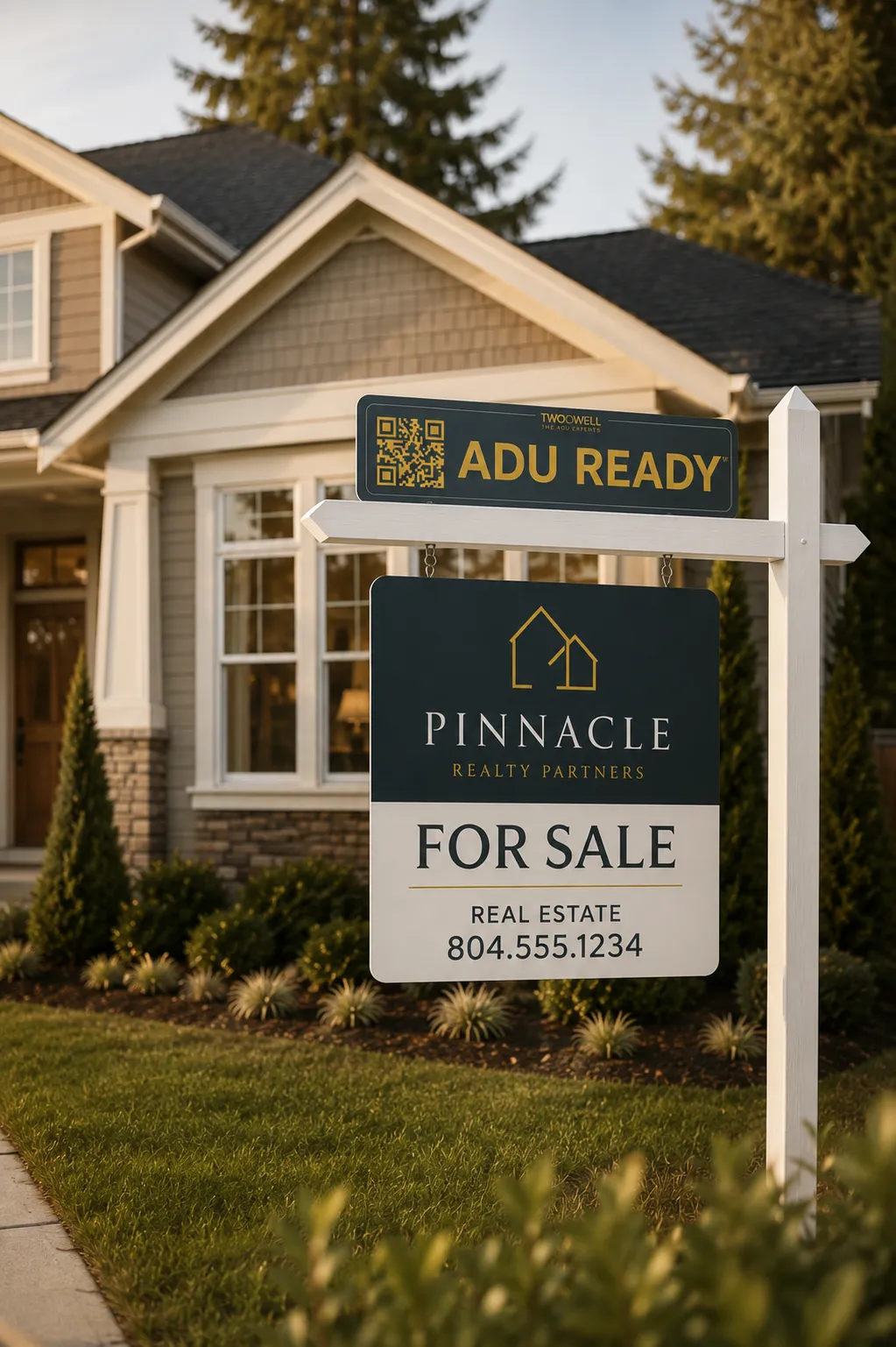 An ADU Ready sign topper an agent puts in front of clients