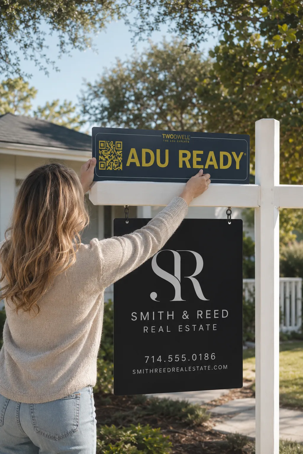 A real estate agent installing a TWODWELL ADU Ready sign rider on a for-sale sign