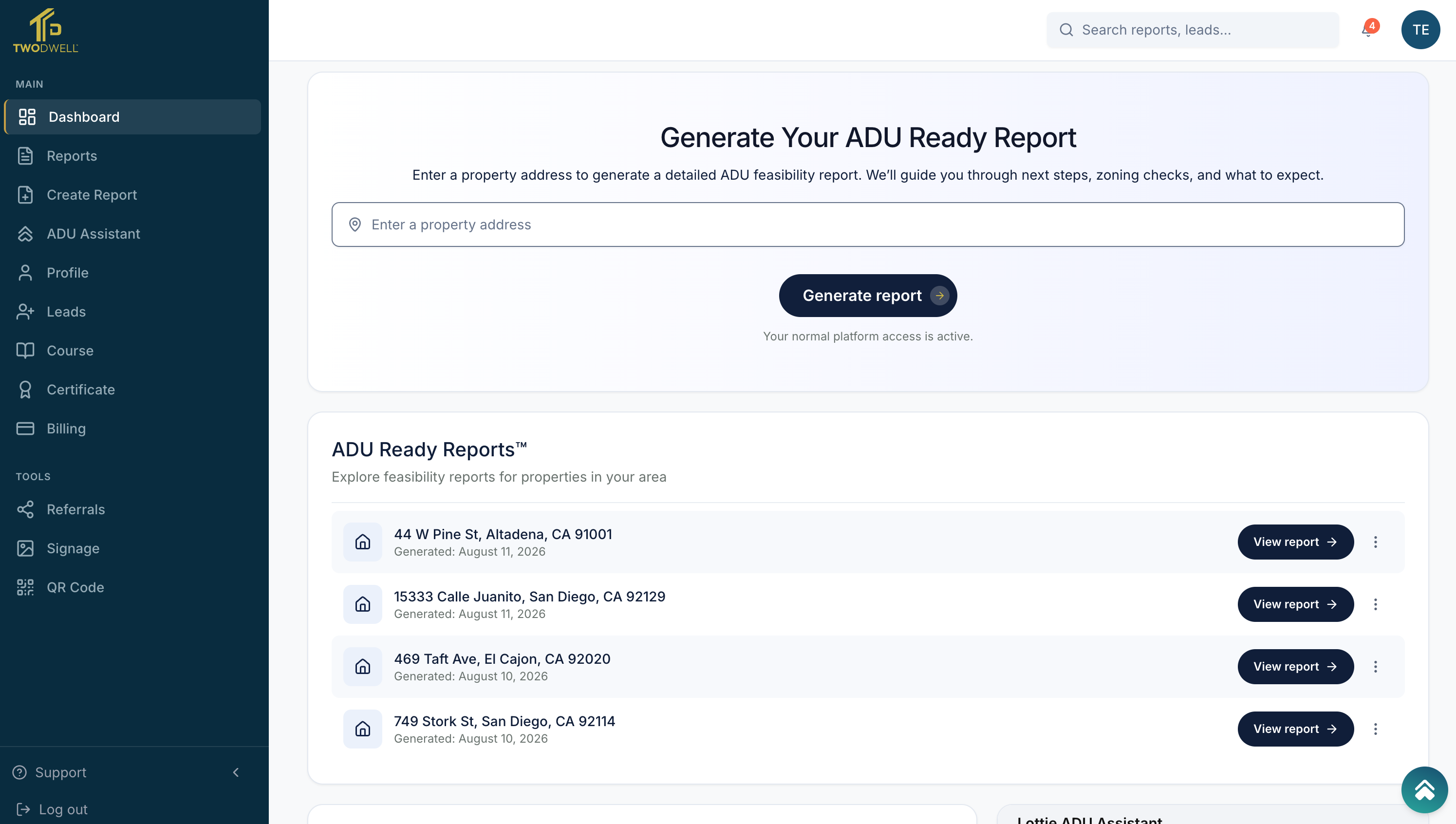 The TWODWELL platform dashboard, generate ADU Ready Reports, track leads and report views