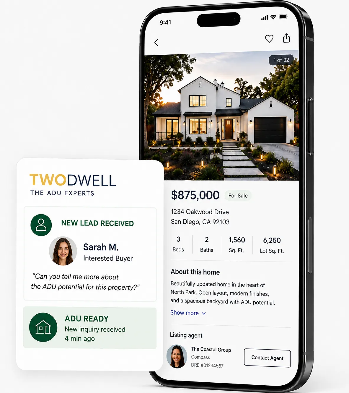 TWODWELL new buyer lead received in-app, shown beside a property listing