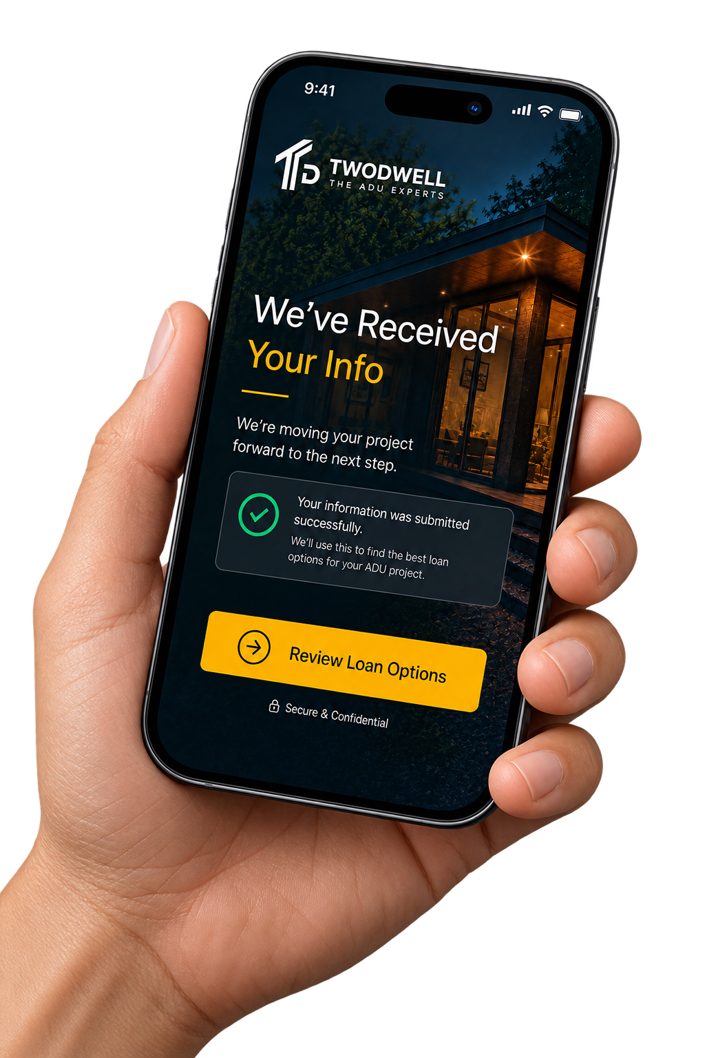 TWODWELL Financial app confirming a submitted ADU financing request
