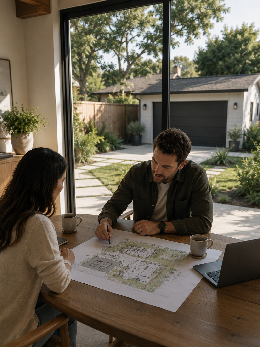 A homeowner and an ADU financing specialist reviewing ADU plans at a kitchen table
