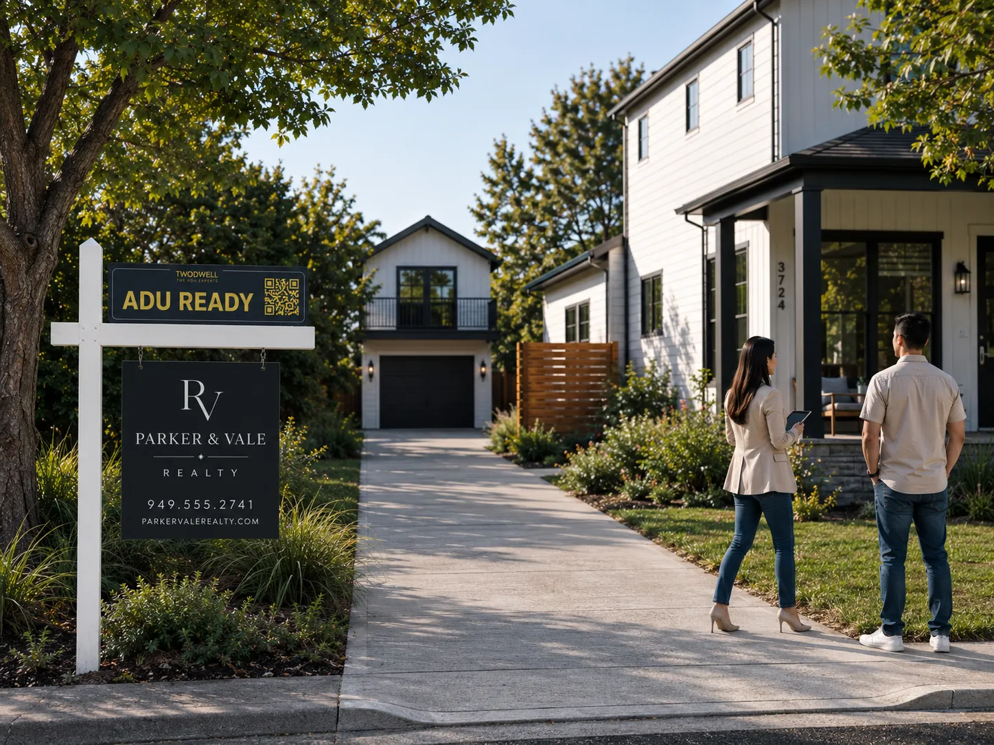 A real estate agent and client at a listing with a TWODWELL ADU Ready sign rider