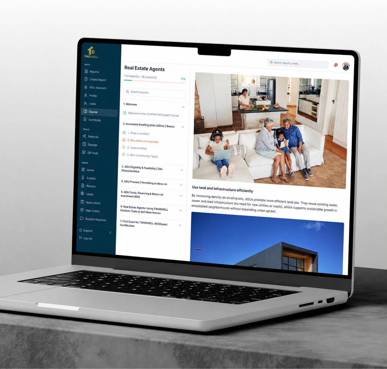 The TWODWELL ADUExpert™ certification course platform, shown on a laptop
