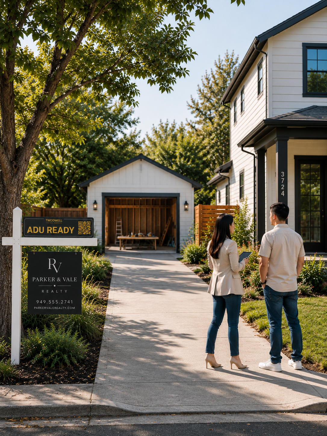 A real estate agent and client at a listing with a TWODWELL ADU Ready sign rider